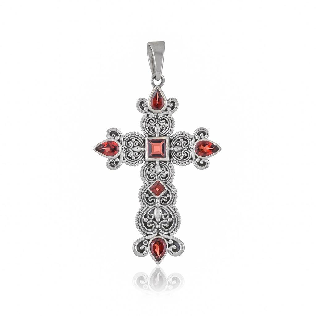 Garnet Cross Pendant: Vintage 925 Sterling Silver Religious Jewelry