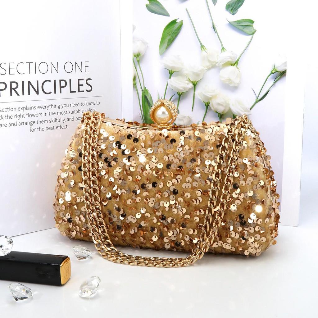 Pearl Sequin Crossbody Bag: Elegant European & American Style, Double Chain, Solid Color, Luxury Shoulder Evening Accessory