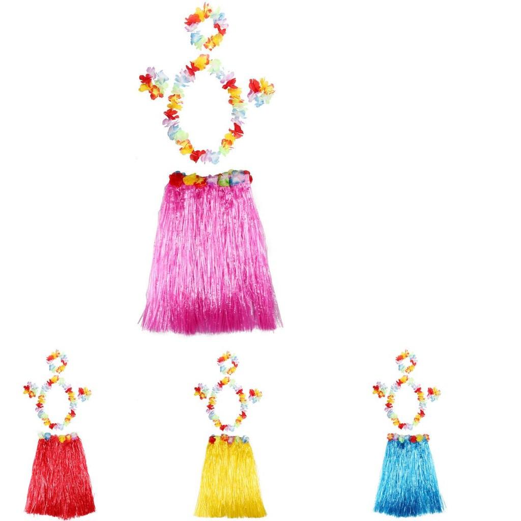 Vibrant Kids Hawaiian Grass Skirt With Floral Wristbands And Garland Suitable For Costume And Vacation