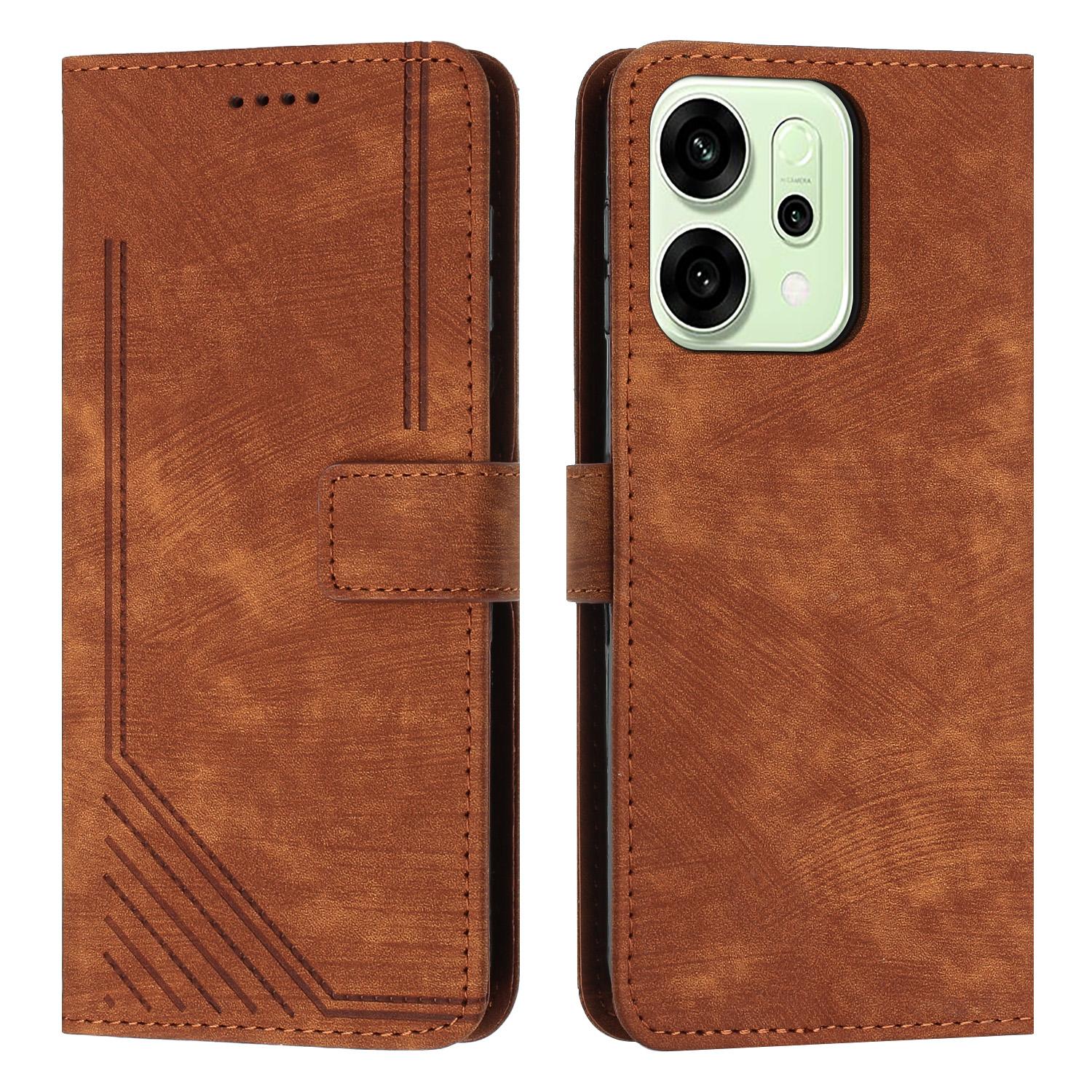 

For Oppo Reno14 5G (China)/Oppo Reno14 F 5G/Oppo Reno14 5G (Global) Stand Case Imprinted Lines Leather Phone Cover Brown
