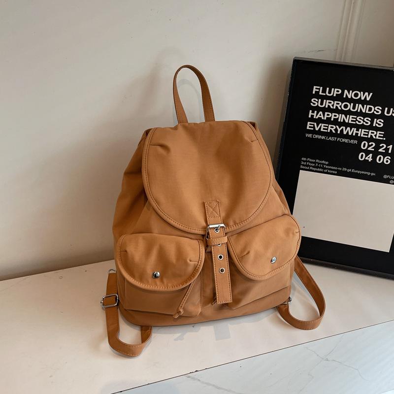 Solid color retro backpack women's 2025 new fashion travel leisure backpack double pocket college bag