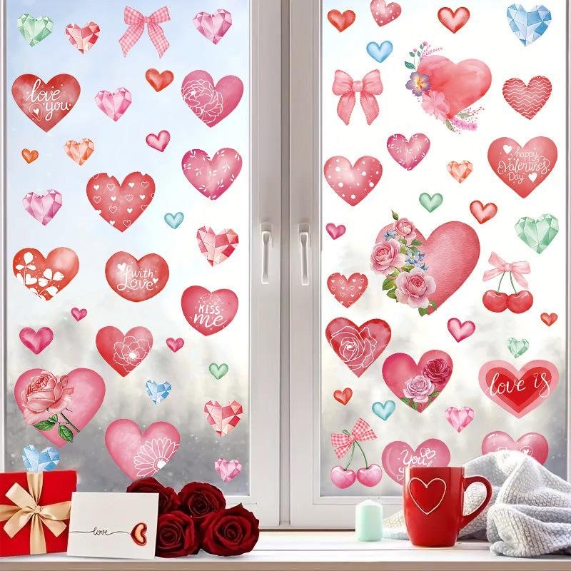 Heart Love Glass Window Stickers 3D Valentine's Day Scene Decoration Background Glass Static Wall Stickers Creating Holiday