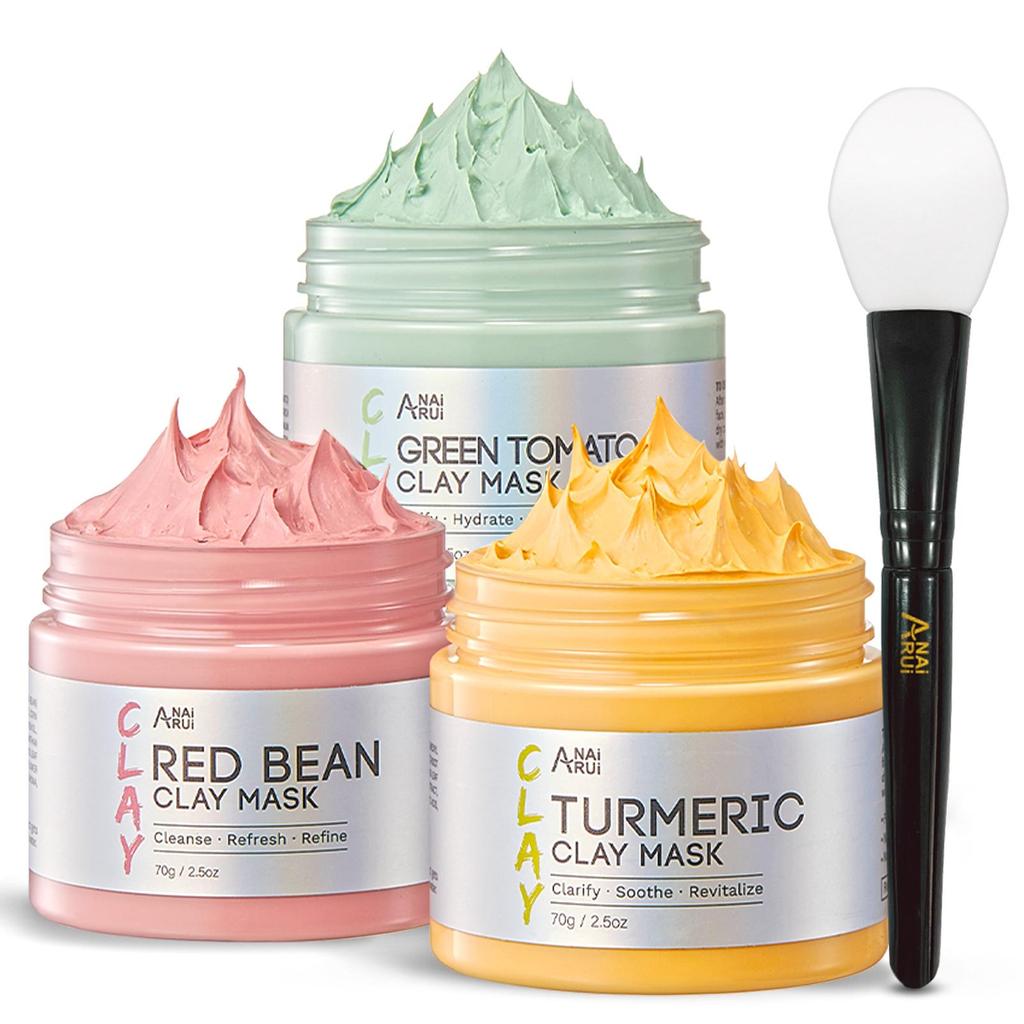ANAiRUi Clay Face Mask Set, Green Tomato, Red Bean, Turmeric, 3 x 2.5 oz