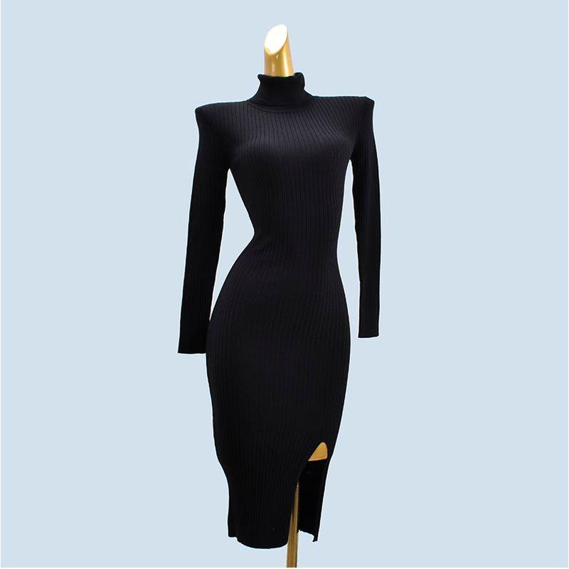 

Foreign Trade Cut the Tag off Western Style Turtleneck Base Skirt Slim fit Soft Glutinous Split Sexy Knitted Sheath over the Knee Dress Black S
