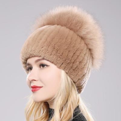 Gorro de piel de conejo Rex auténtica de lujo para mujer, gorro de piel de conejo Rex tejido, gorro de piel de zorro Natural, gorros de piel auténtica de zorro