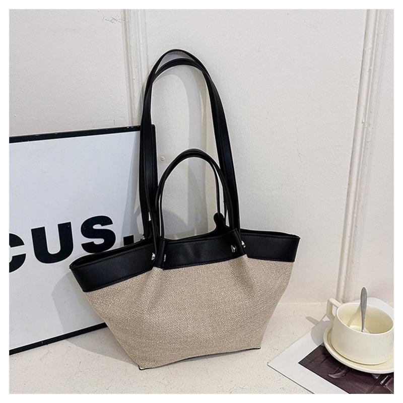 

Весенняя новая ретро портативная наплечная сумка нишевого дизайна холщовая с вставками большая вместительная сумка-тоут чёрный