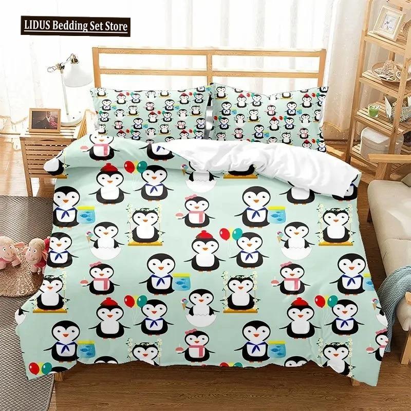 Cartoon Penguin Duvet Cover Set For Boys Girl Animated Antarctic Animal Polyester Quilt Cover White Black King Queen Size