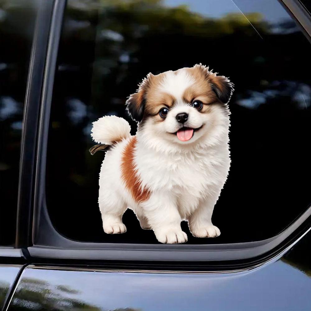 QT2303#15cm Cute Fluffy White & Brown Puppy Car Sticker for Laptop, Truck, Phone, Motorcycle, Window