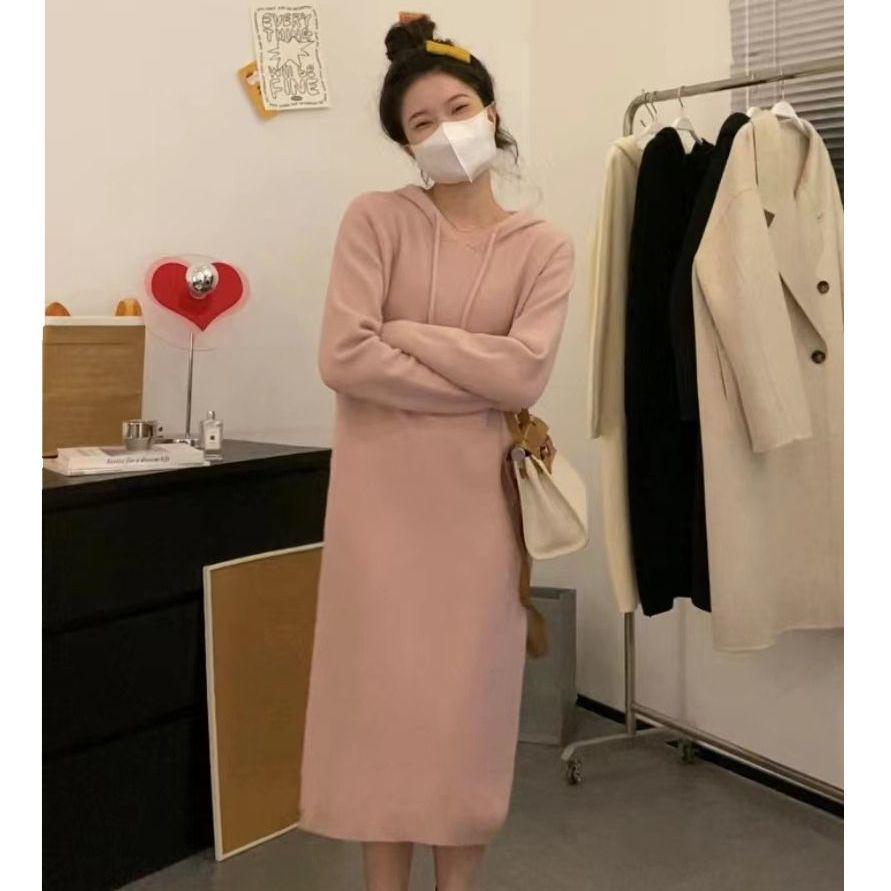 Korean-Style Thick Knit Hooded Sweater Dress for Women - Soft, Loose, Perfect for Autumn and Winter