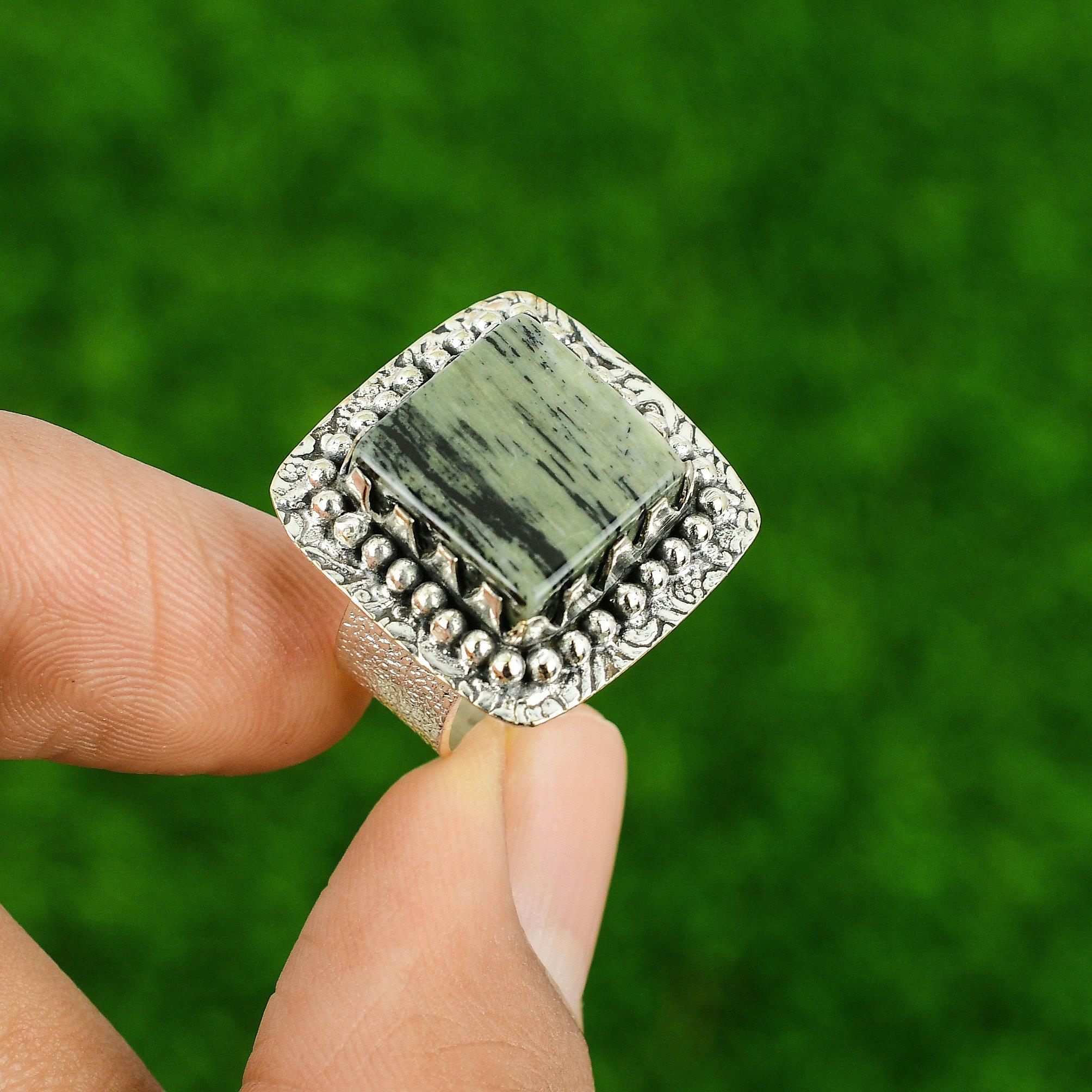 

925 Silver Natural Silver Leaf Jasper Mother Elegant Multi Stone Ring Size 7.25 7.25