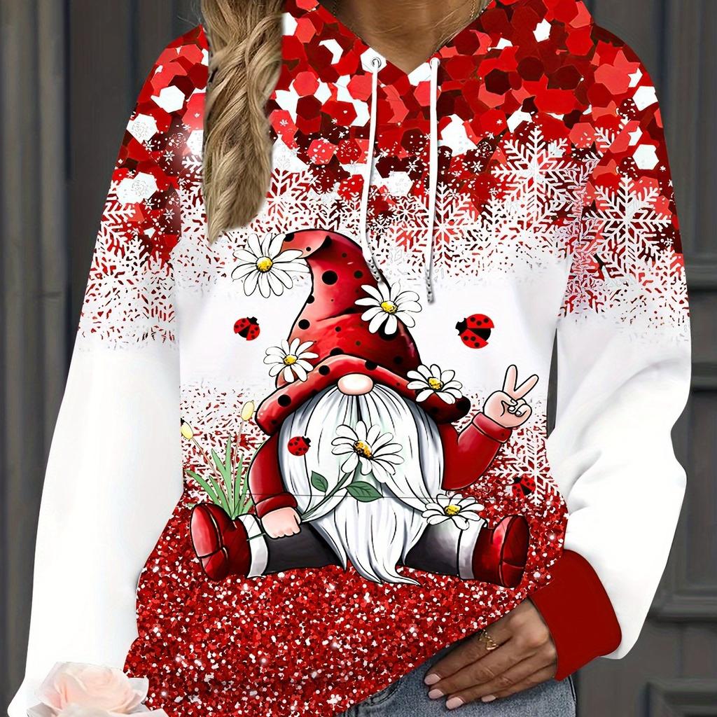 Ladies' Christmas dwarf print hoodie - Casual pullover hoodie, long sleeve, 100% polyester knitted fabric