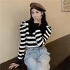Autumn Lazy Short Design Sense New Retro Striped Bubble Sleeve Knitted Sweater Women's Sweater Niche