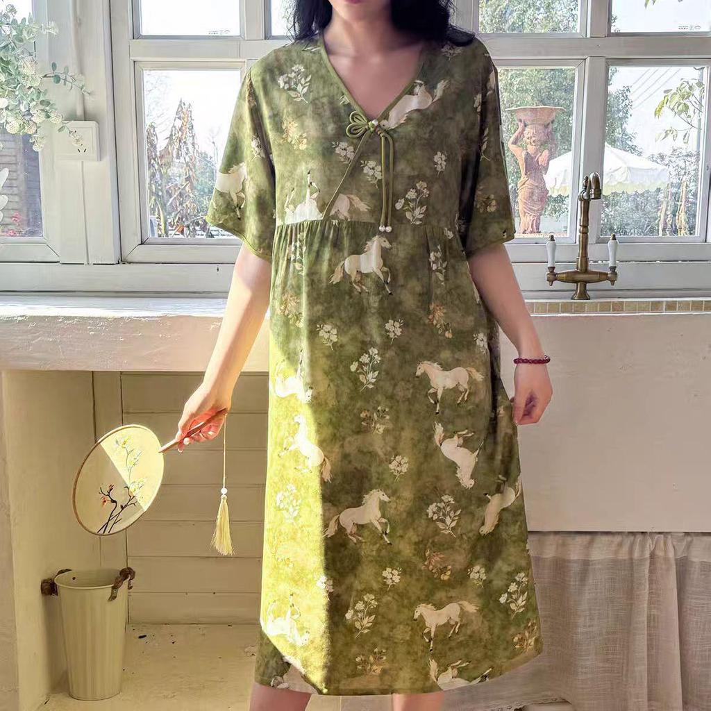 2026 Women's Lyocell Cotton Nightgown - Summer Short Sleeve, Outdoor & Homewear, New Chinese Style, Plus Size
