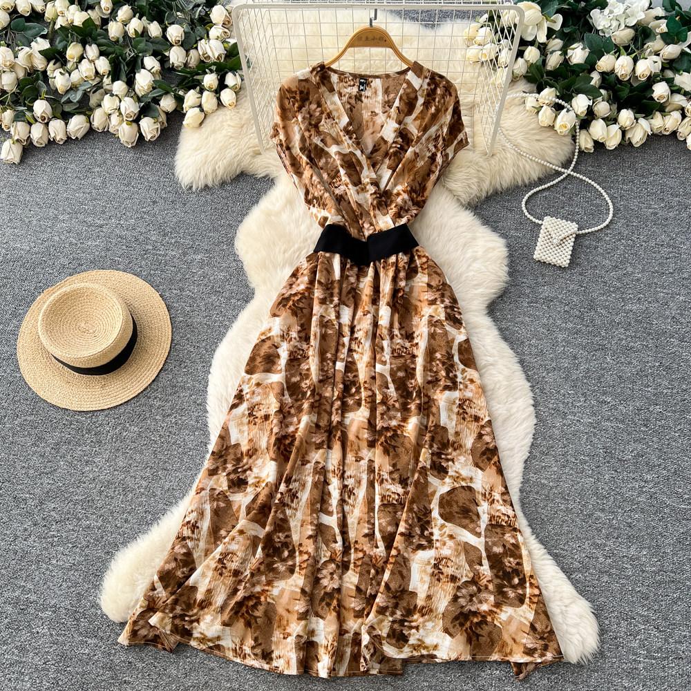 Commute Sleeveless Printed Dress Women Spring New High Waist Slim A Line Long Dress Luxury Design Sense