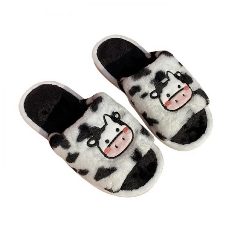 Fashion Women Cartoon Cow Slippers Open Toe Soft Plush Bedroom Home Shoes Woman Lightweight Flat Heels Couples Indoor Slippers Plus Size