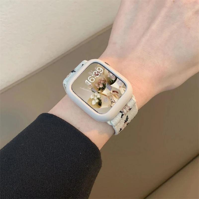 Retro Flower Strap+Case For Apple Watch Band 49mm 40 44 45 41 38 42mm Elastic Nylon Band For iWatch Serie 3 4 5 6 SE 7 8 9 Ultra