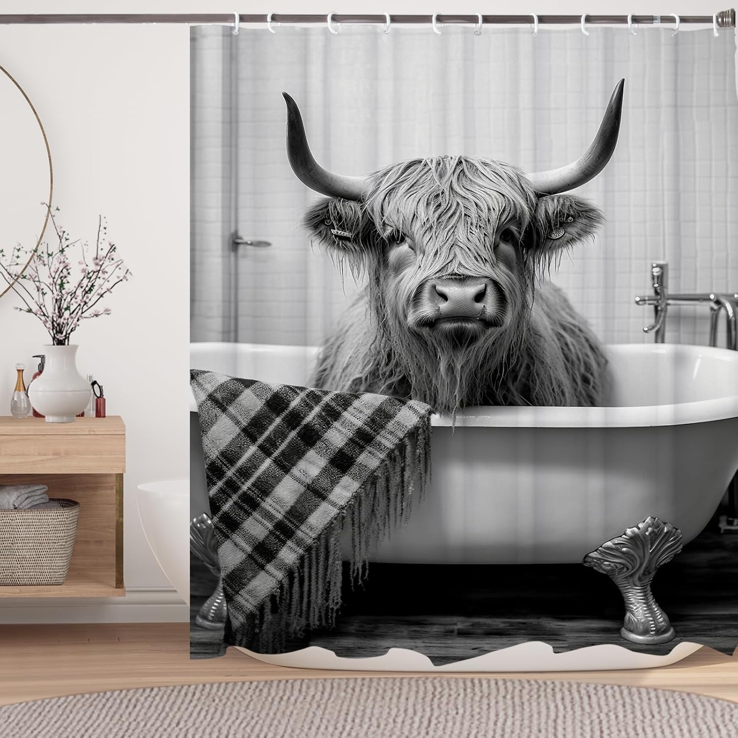 

Scottish Highland Cow Shower Curtain - Farmhouse Rustic Bathroom Decor with Hooks, Western Country Animal Print W90XH180cm