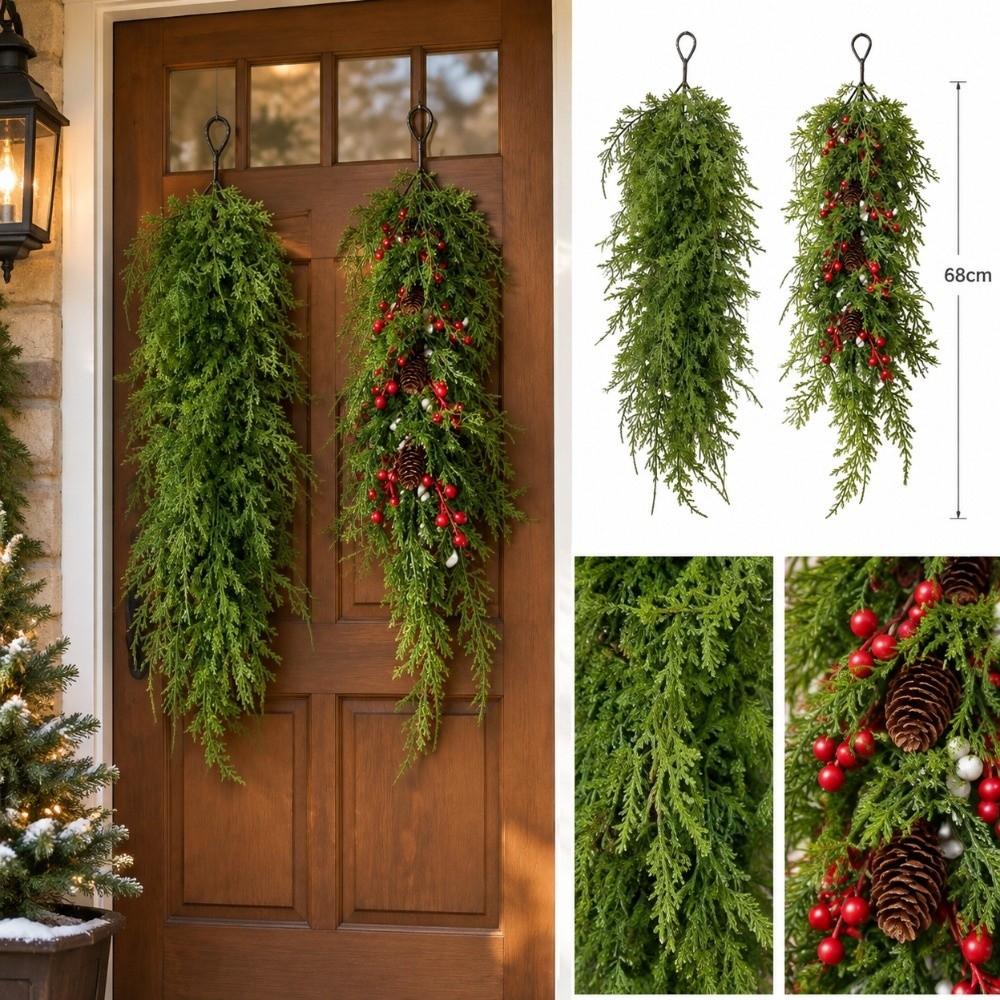 With Red Berries & Pine Cones Christmas Teardrop Door Swag DIY Hanging Door Greenery  Front Door