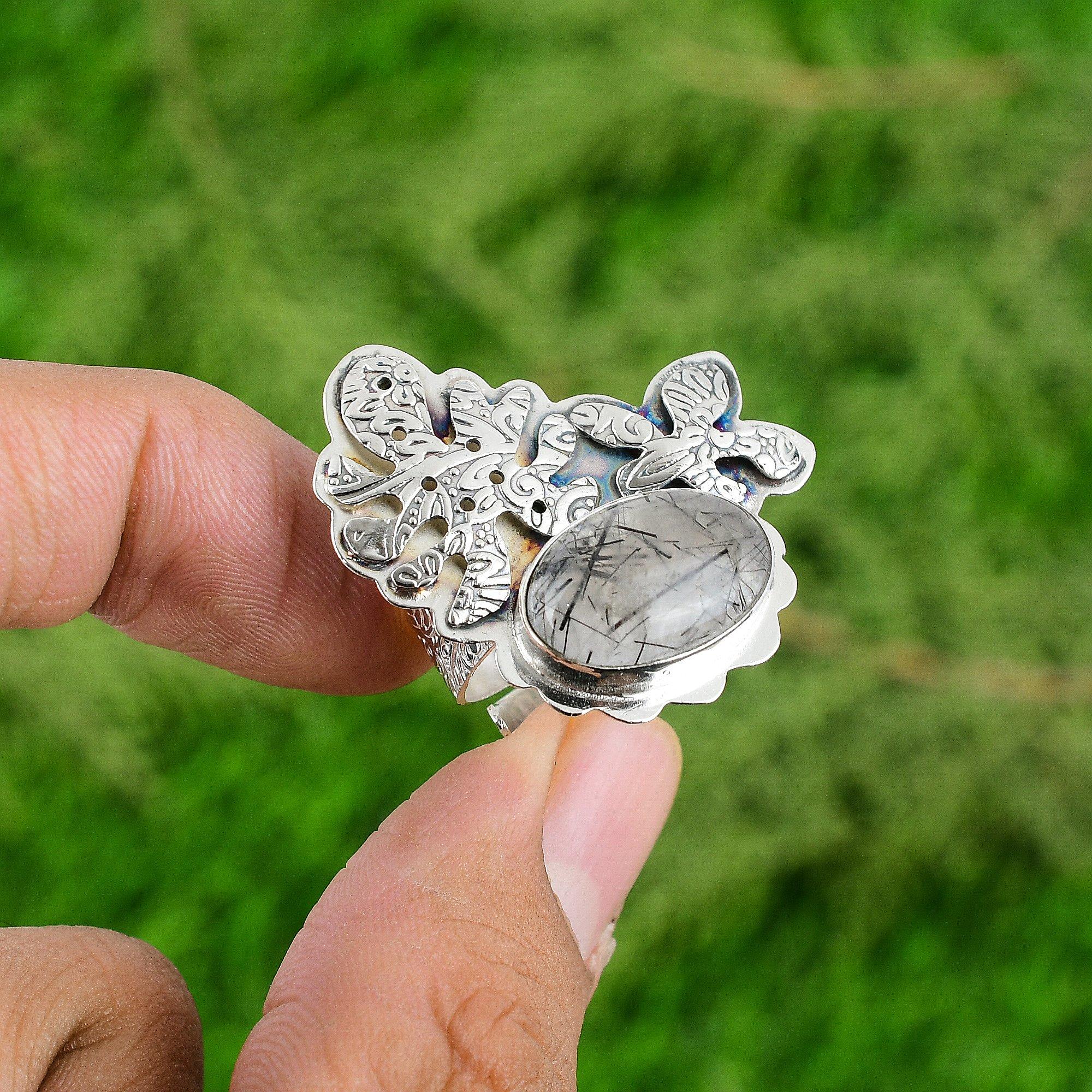 

Кольцо-заявление из стерлингового серебра 925 пробы с драгоценным камнем - черным рутиловым кварцем, юбилейное Adjustable