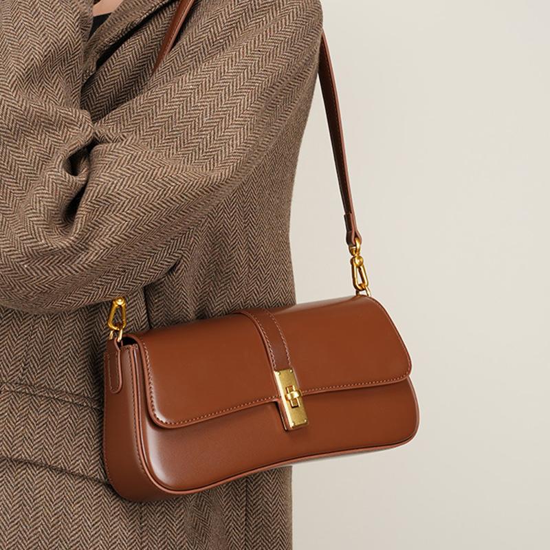Genuine Leather Women's Shoulder Bag High Quality Vintage Baguette Bag Luxury Designer Women Crossbody Bags Cowhide Handbags