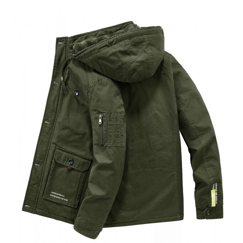 Giacca Imbottita con Cappuccio Multip tasche Giacca in Pile da Uomo Mezza Età Puro Cotone Casual Calda Giacca Militare