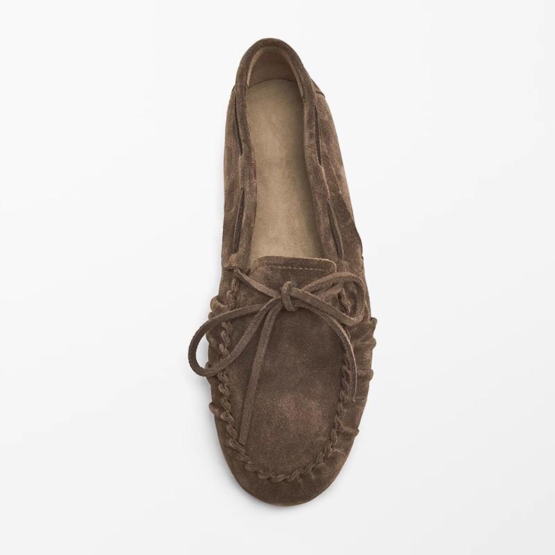 Mrxmus dutit Women Shoes Round Toe Pleated Suede Genuine Leather Loafers Retro Lace Up Bow Boat Shoes