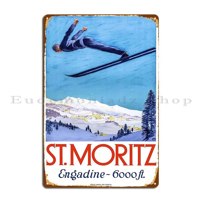 1928 St Moritz Ski Jumper Switzerland Travel Poster Metal Sign Club Bar Wall Plaque PaintingCustomize Vintage Tin Sign Poster 20X30CM