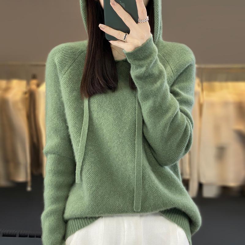 Autumn and winter pure wool sweater women's pure wool knitted hooded sweater pullover cashmere sweater fine wool