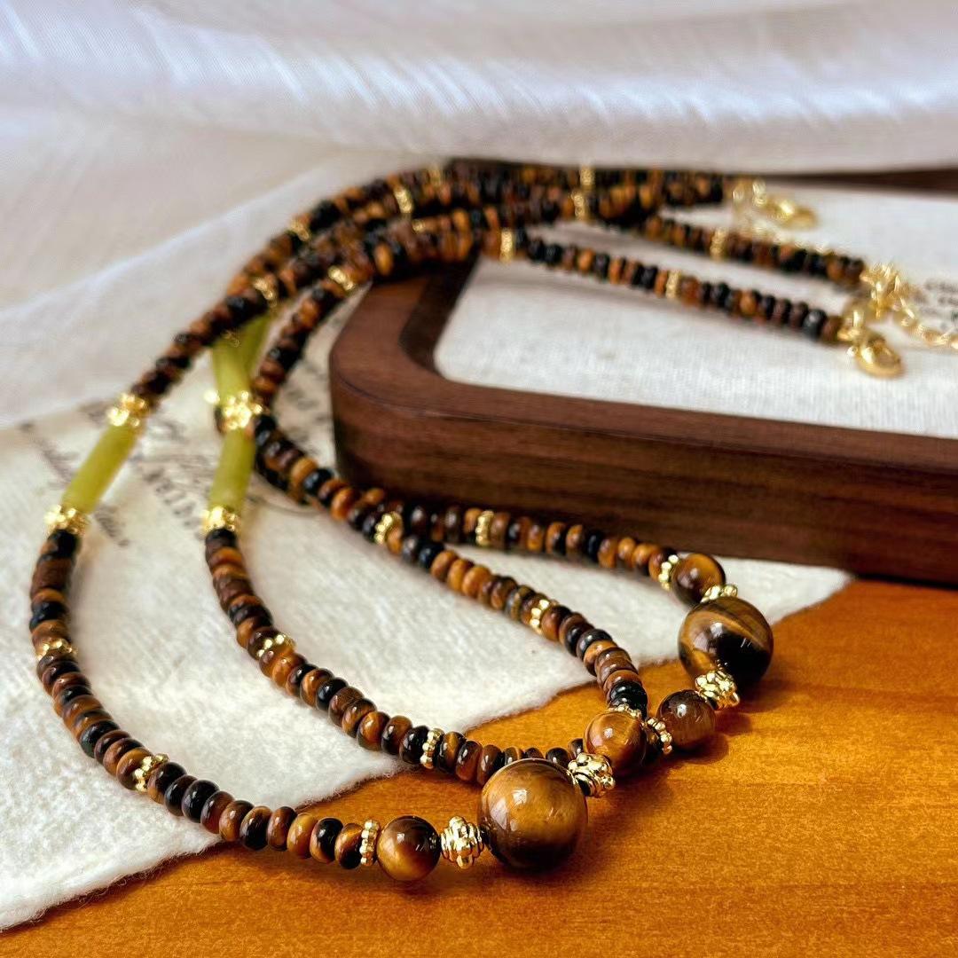 Vintage Maillard Style High Quality Natural Tiger S Eye Stone Niche Premium Sense Clavicle Chain Necklace