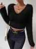 Suéter Corto de Punto de Felpa Suave para Mujer, Cuello en V, Ajustado, Manga Larga, Ligero, Elástico, para Otoño Invierno, Ropa Casual