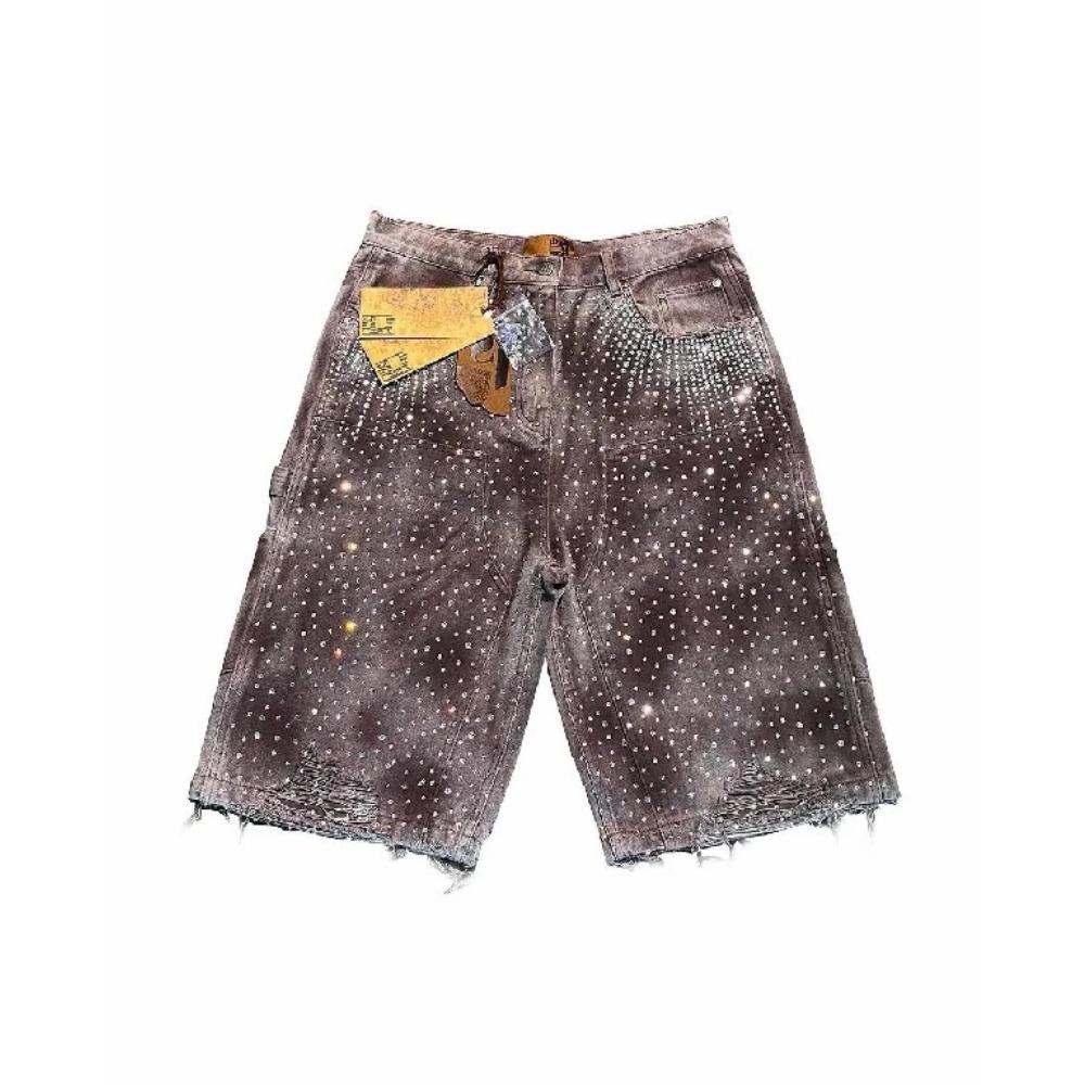 Streetwear Shorts Y2K Mens Womens Gothic Hip Hop Rhinestones Sequins Retro Baggy Jeans Denim Gym Shorts High Waist Casual Shorts