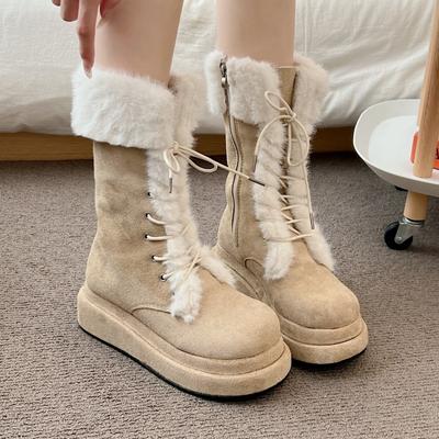 Fashion Winter Warm Plush Thick-soled Women's Snow Boots Lace-up 2024 Hot Sale Mid Heel Water Proof Casual Comfortable Women Boots