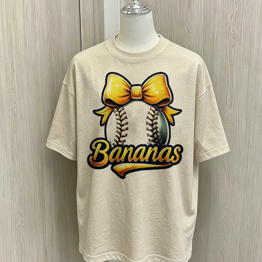 Bananas Baseball Yellow Bow Print Oversized Cotton Tee Retro Sports Loose Short Sleeve Tops Cute Game Day