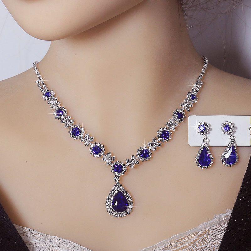 Bridal Jewelry Women's Suit Cross-Border Fashion Crystal Water Drop Necklace Two-Piece Earrings Set Wedding Evening Dress Accessories