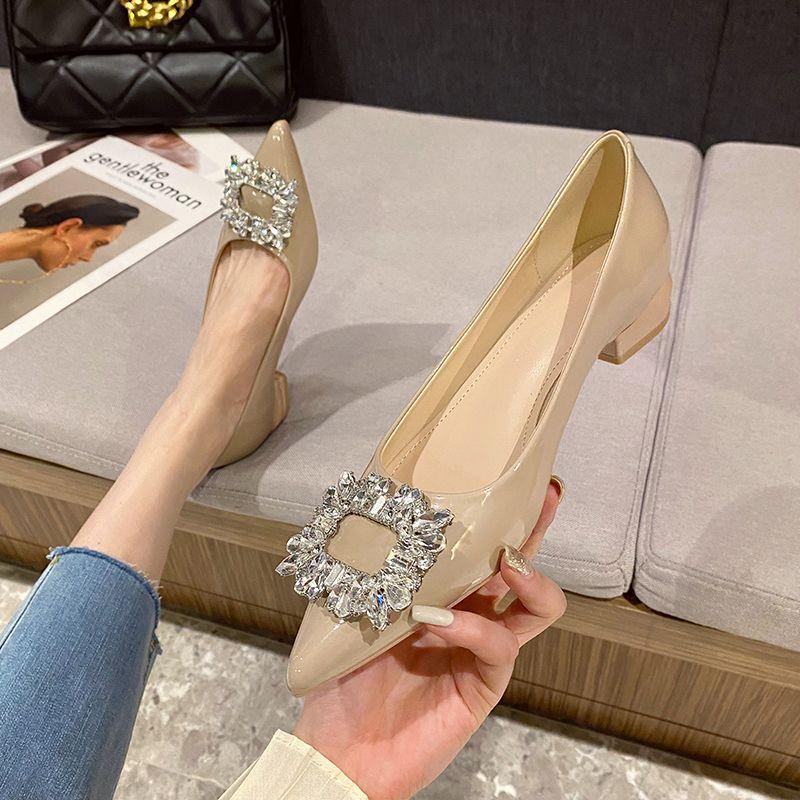 French temperament nude single shoes women's autumn and winter 2025 new light mouth patent leather low heel rhinestone high heels are not tired