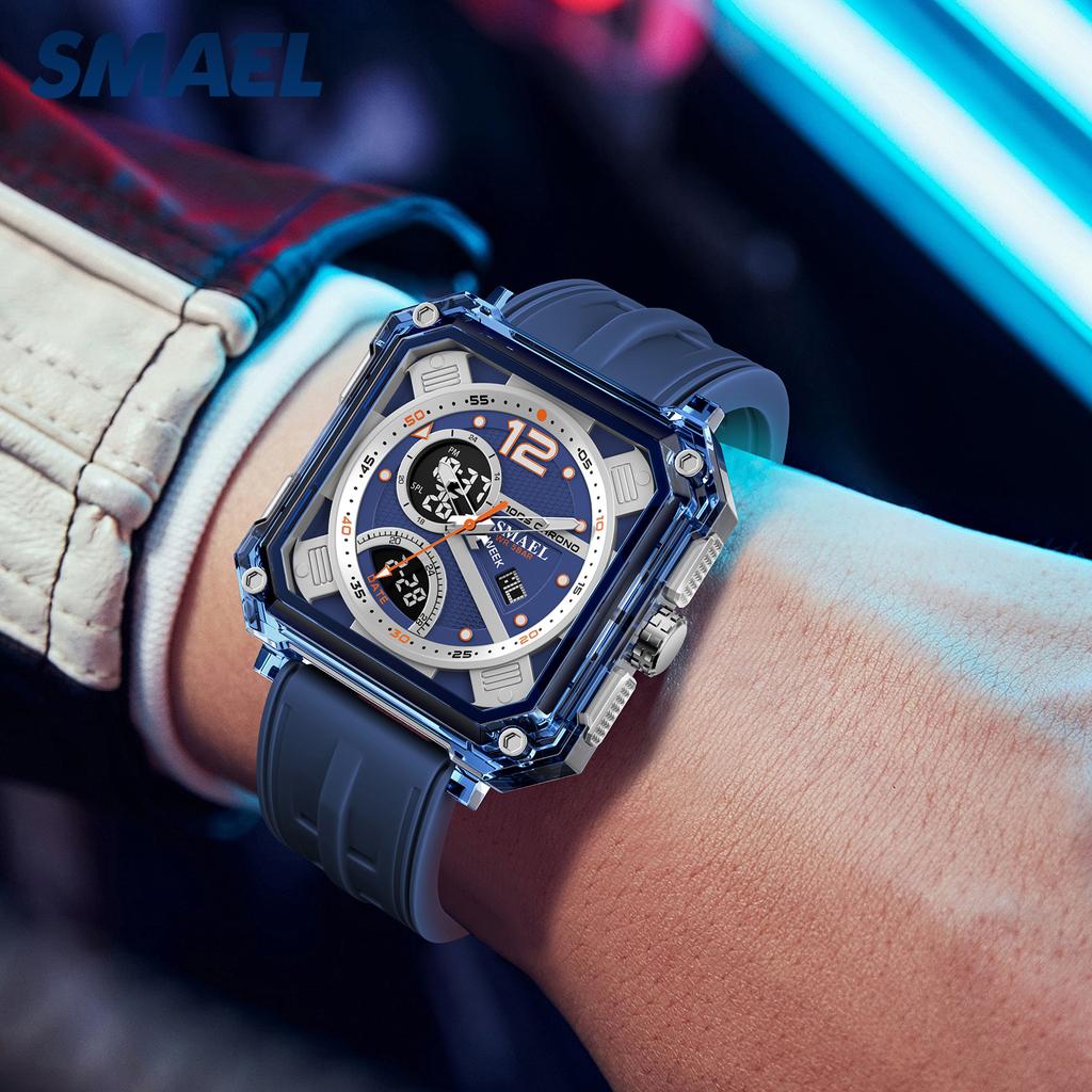 SMAEL 8121 Trendy Multifunction Men's Watch Dual Display Silicone Strap Waterproof Sporty Outdoor Male Watches Gift