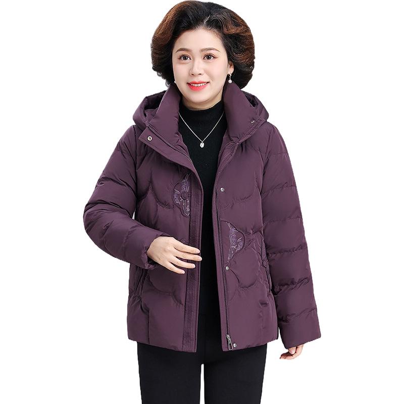 Warme Kapuzen-Daunenjacke für Damen 2025: Neue Stil Stickerei Baumwolle Winter Oberbekleidung für Mütter mittleren und höheren Alters.