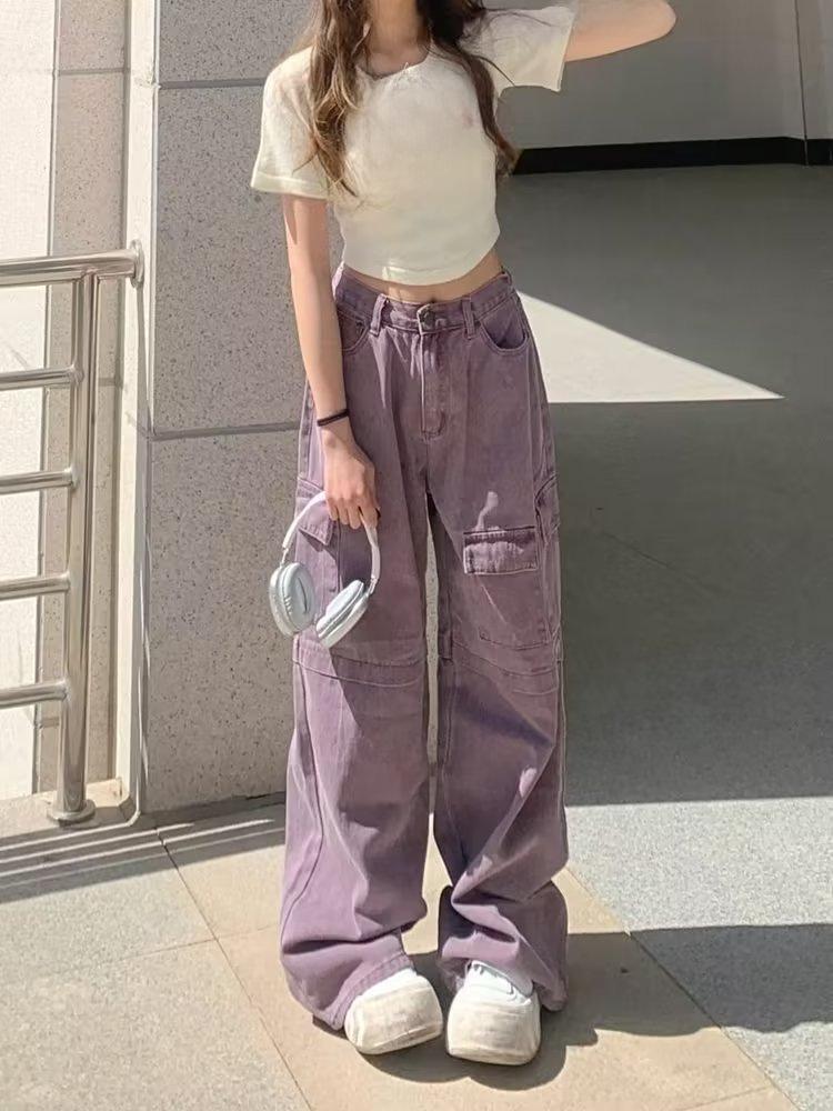 

Women s High-Waist Purple Retro Wide-Leg Jeans - Spring/Summer Trendy Workwear M фиолетовый