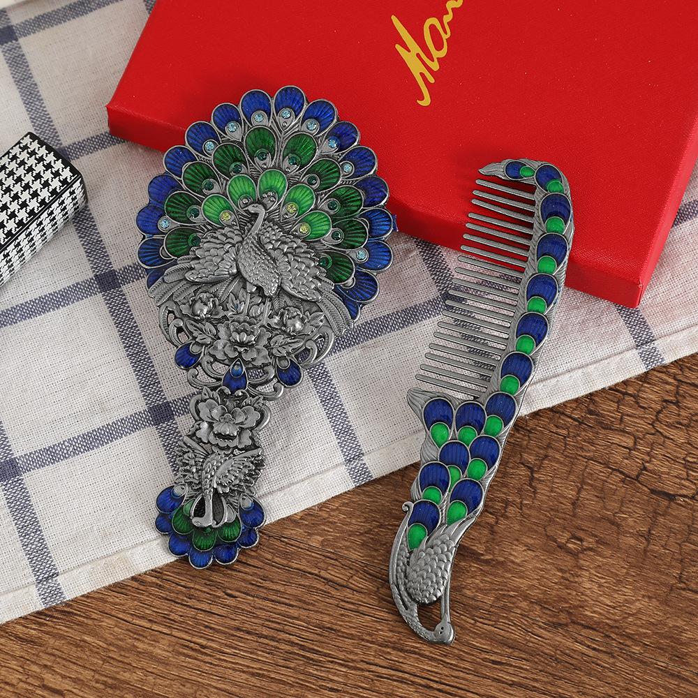 1set Vintage Peacock Makeup Mirror and Comb Women Portable Handheld Travel Vanity Mirror Elegant Retro Design