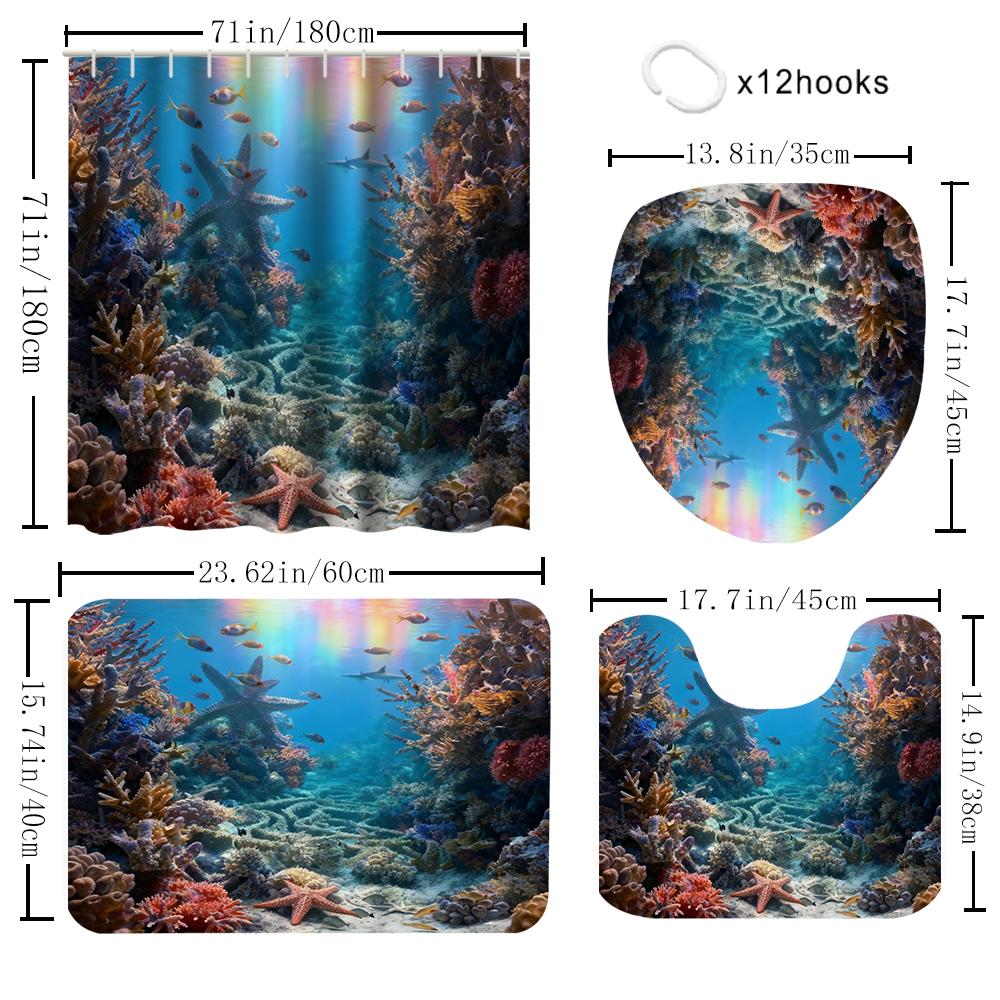1/4 Marine Organisms Print Shower Curtains, Toilet Seat Decoration, Shower Curtain with Carpet and Toilet Lid, 70.8x70.8 Inch