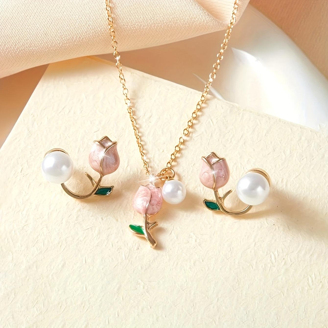 Simple and stylish pink tulip wedding season niche sweet earrings and necklace set HHH0084