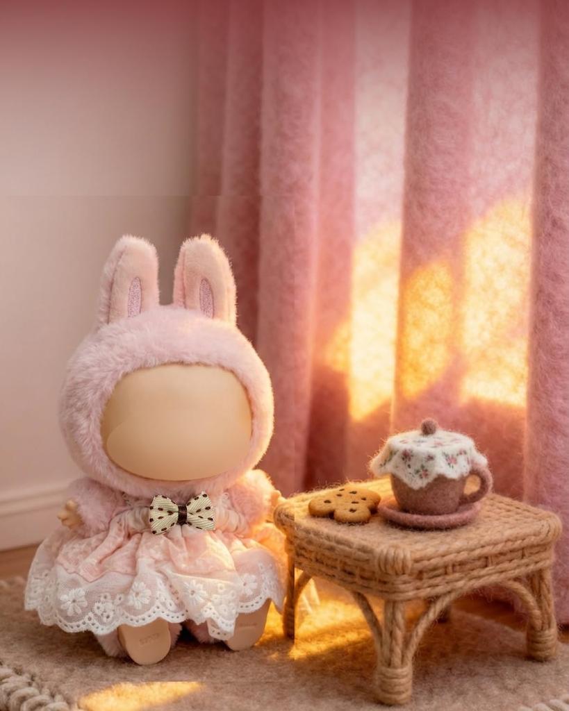 Labubu 15-17cm Doll Clothes, Sakura Pink Jumper Skirt with Elastic Chest, Lace Shoulder Straps, and Ribbon, Cute Interchangeable Outfit for Plush