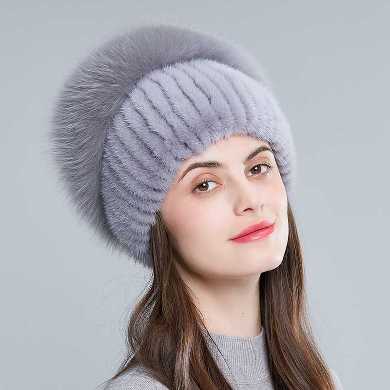 Fox Fur Pom Beanie Hat Real Mink Fashion Warm Winter Knitted Hats for Women Real Fur Beanie Hat With Fox Fur Pom