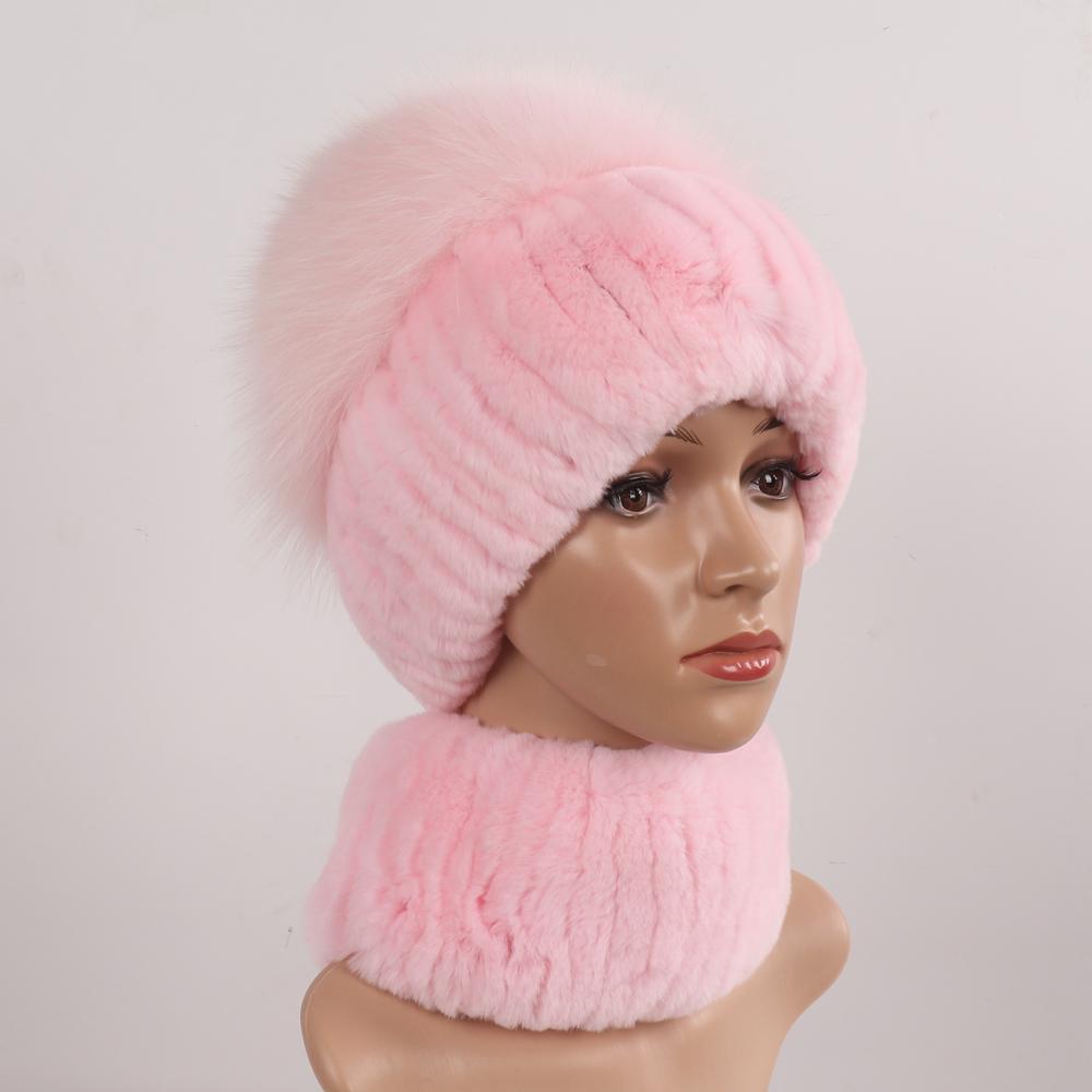 2 Pieces Real Rex Rabbit Fur Hat Scarf Knitted Real Rabbit Fur Cap Scarves For Women Winter Luxury Warm Top Fox Fur Hats Muffler