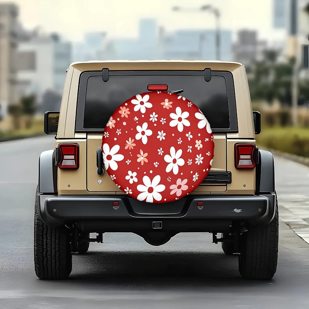 Floral Print Tire Cover Red White Daisy Spare Wheel Protector Durable Polyester Fit SUV