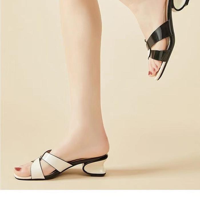 Sommer Vielseitige Mittelhohe Ferse Fischmaul Gestrickt Quadratische Spitze Damen Sandalen Hausschuhe