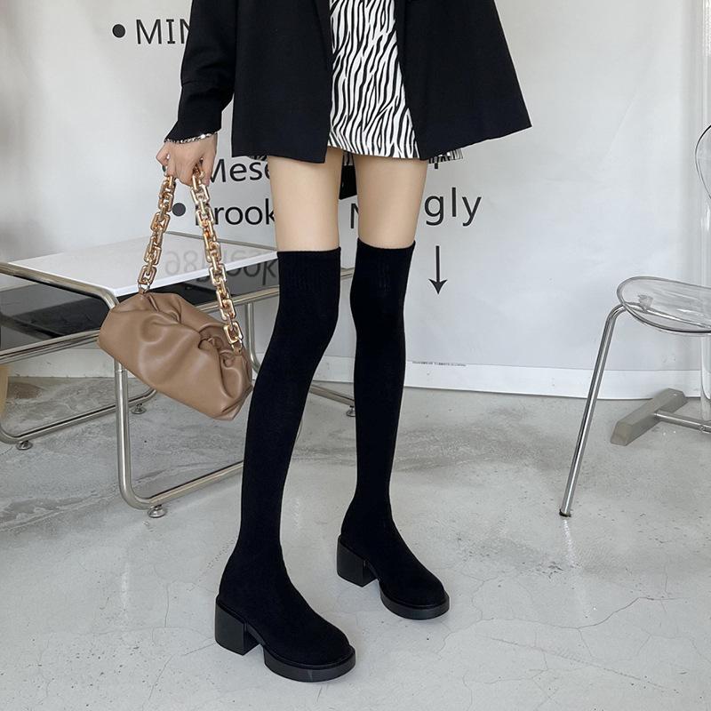Fashion versatile thick-soled and thin knee boots 2025 autumn and winter high-heeled elastic socks boots thin boots