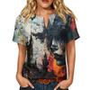 Women Casual Short Sleeve Henley Shirt Cotton Linen Blend Halloween Print Front Pocket Button Neck Blouse