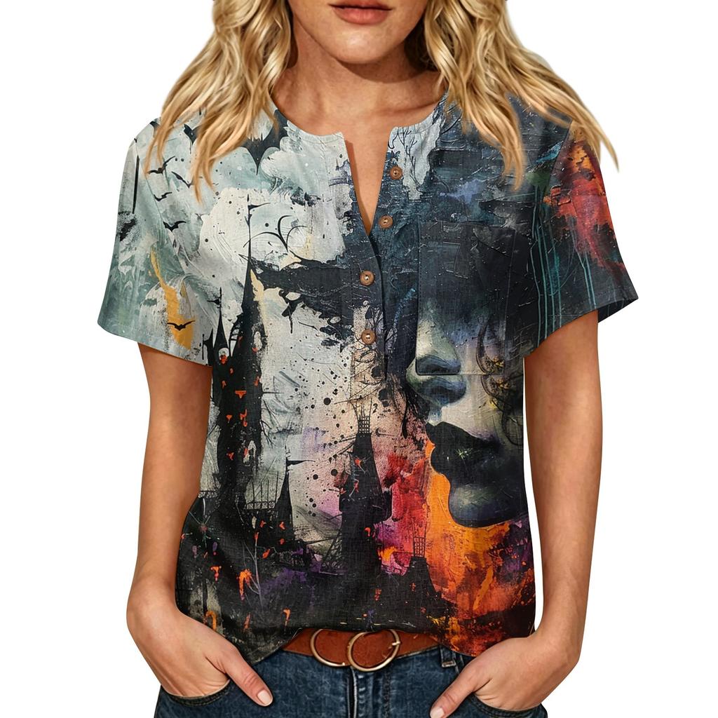 Women Casual Short Sleeve Henley Shirt Cotton Linen Blend Halloween Print Front Pocket Button Neck Blouse