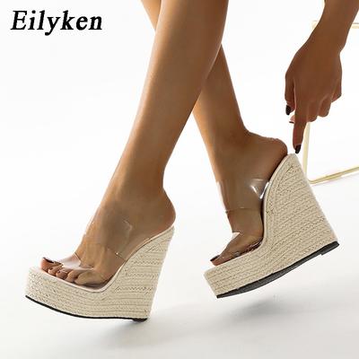 Sandales compensées à plateforme en PVC transparent pour femme, chaussures à talons hauts, bout ouvert, en paille tressée